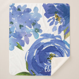 Cobertor Sherpa Azul-Floral Elegante Aquarela Personalizada