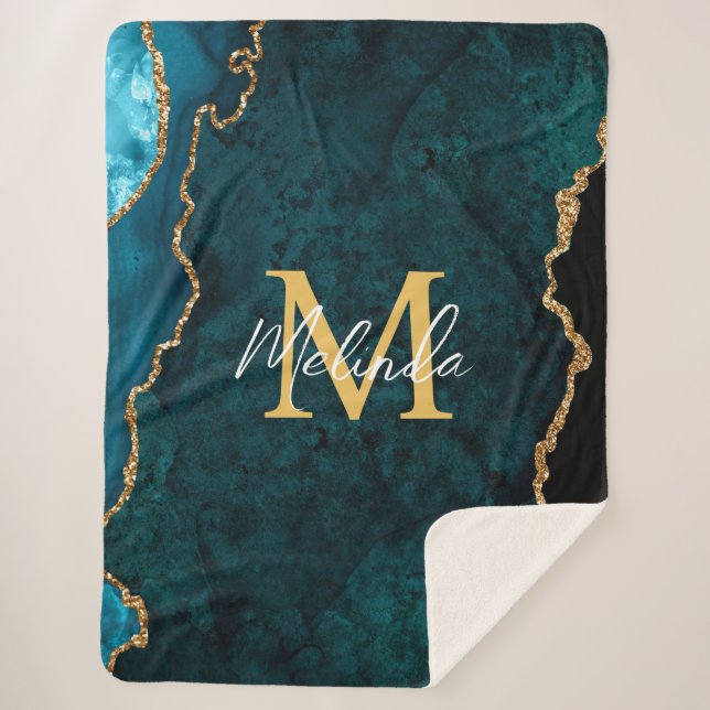 Cobertor Sherpa Azul Teal e Agato Marble Dourado (Frente)
