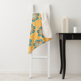 Cobertor Sherpa Azulejo Floral Mandala em Laranja e Teal