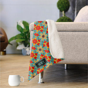 Cobertor Sherpa Azulejos De Vidro Retro Com Flor De Turquesa Boho