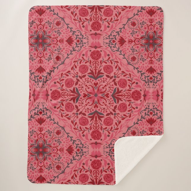 Cobertor Sherpa Azulejos florais em vermelho e melancia rosa (Frente)