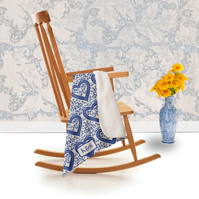 Cobertor Sherpa Azulejos Holandeses Pintados Coração Azul em Branc (Criador carregado)