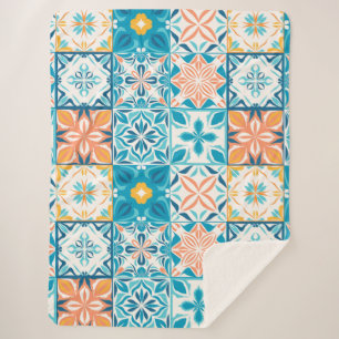 Cobertor Sherpa azulejos ornamentados em azul e laranja