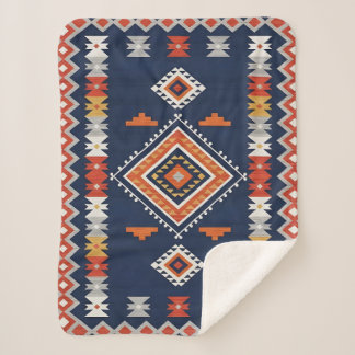 Cobertor Sherpa Azure Navy and Terracotta Geometric Tribal