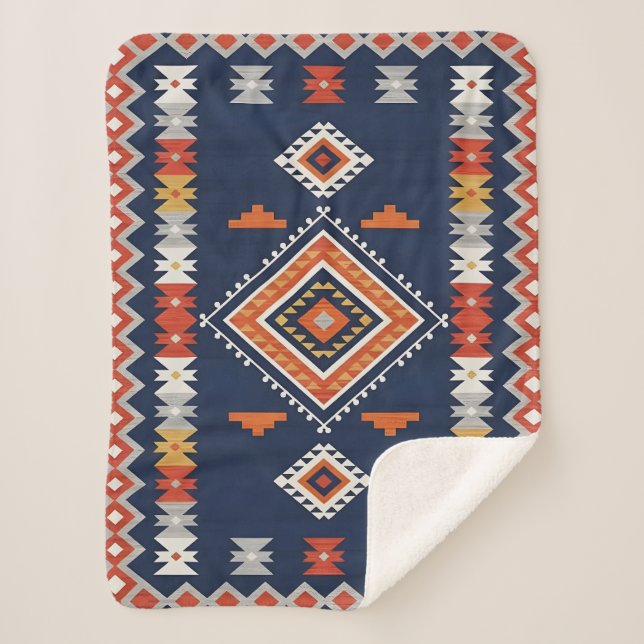 Cobertor Sherpa Azure Navy and Terracotta Geometric Tribal (Frente)