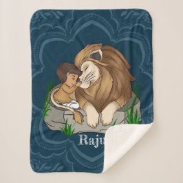 Cobertor Sherpa Baby boy and lion on a blue mandala background