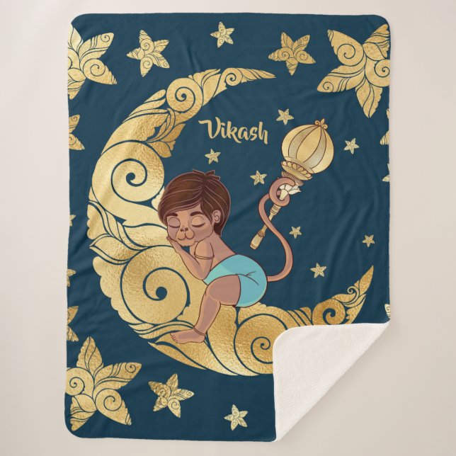 Cobertor Sherpa Baby Hanuman slapend op de maan tussen de sterren (Frente)