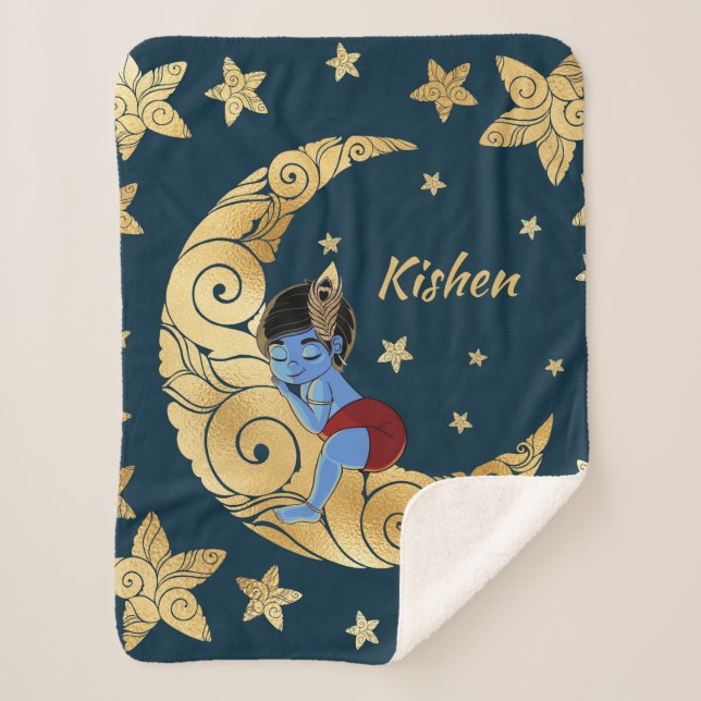 Cobertor Sherpa Baby Krishna sleeping on the moon (Frente)