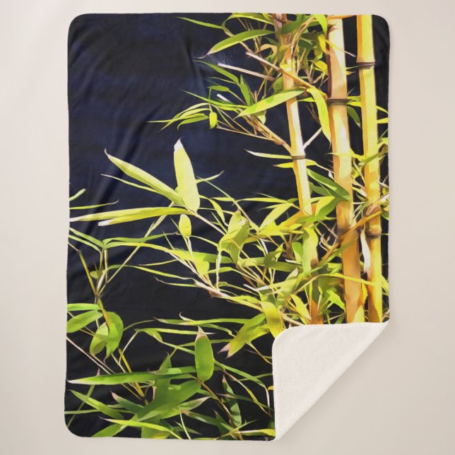 Cobertor Sherpa Bambu Foliage Arte Tropical Em Preto (Frente)