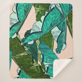 Cobertor Sherpa Banana Leaves: Padrão Tropical Sem Olhos.