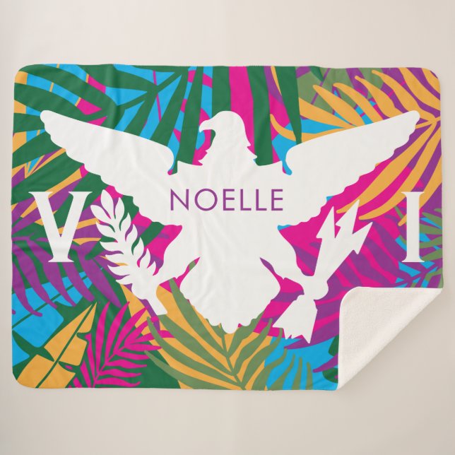 Cobertor Sherpa Bandeira das Ilhas Virgens dos EUA, Folhas Tropica (Frente (Horizontal))