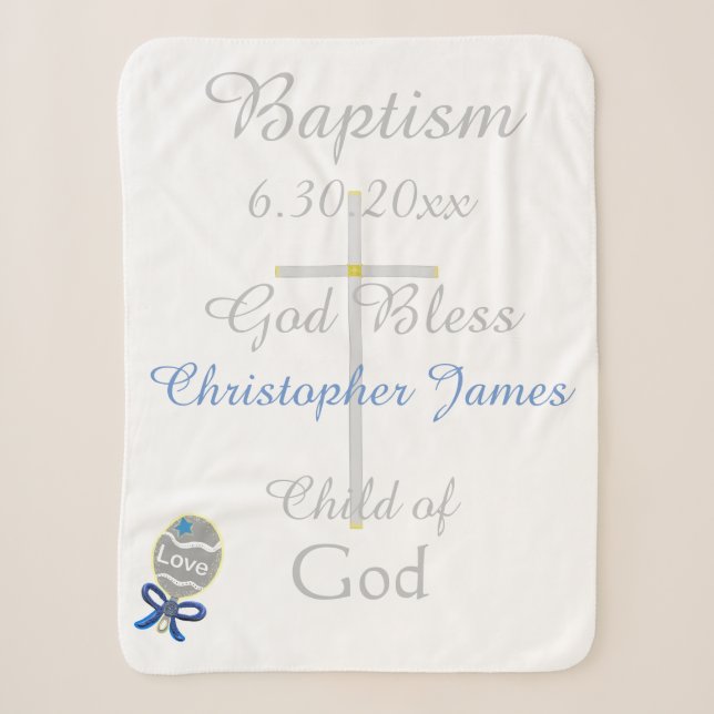 Cobertor Sherpa Baptism Cross Menino Estrela Azul Chocalho Médio (Frente)