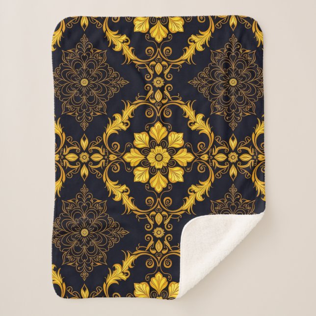 Cobertor Sherpa "Barockes Ornament-Muster in Gold und Schwarz" (Frente)