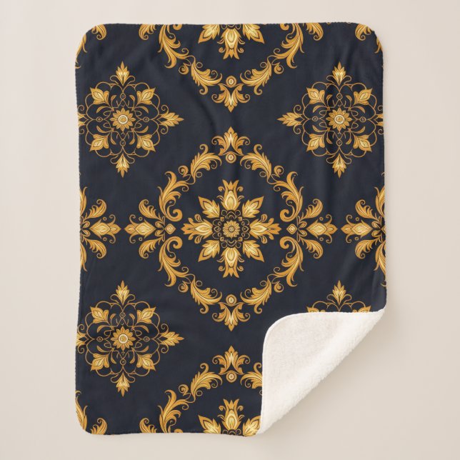 Cobertor Sherpa "Barockes Ornament-Muster in Gold und Schwarz" (Frente)