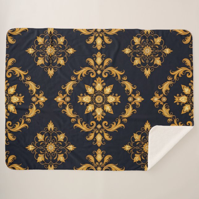 Cobertor Sherpa "Barockes Ornament-Muster in Gold und Schwarz" (Frente (Horizontal))