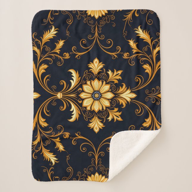 Cobertor Sherpa "Barockes Ornament-Muster in Gold und Schwarz" Dec (Frente)