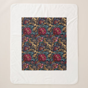 Cobertor Sherpa Barroco em Ouro Filigrana & Floral Carmesim Sombri
