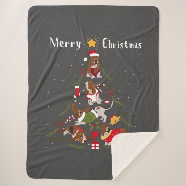 Cobertor Sherpa Basset Hound Christmas Tree Xmas Dog Lover (Frente)