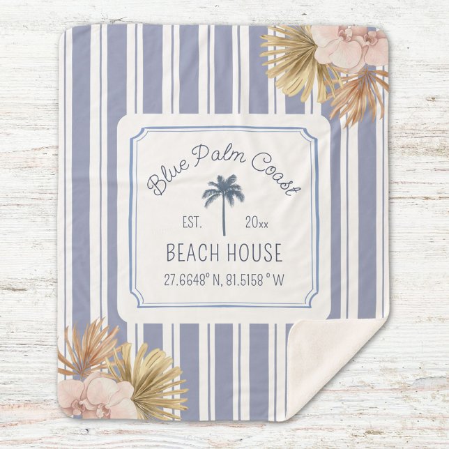 Cobertor Sherpa Beach House Blue Stripes Coastal Boho Farmhouse (Close up)