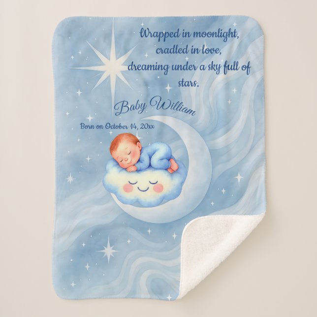 Cobertor Sherpa Bebê Chá Convidar Estrelas à Lua Aquarela (Frente)