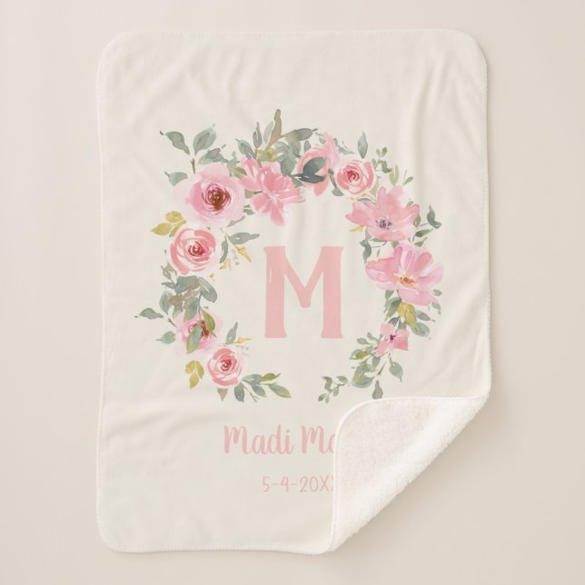 Cobertor Sherpa Bebê Menina Rosa Sábio Floral Verde Deixa Monogram (Frente)
