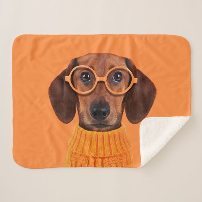 Cobertor Sherpa Bebês Mais Pobres | Suéter de laranja Dachshund (Frente (Horizontal))