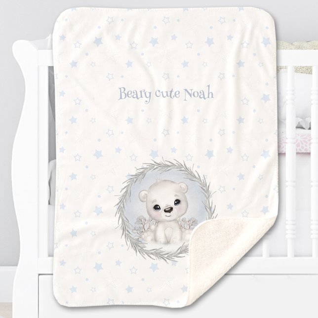 Cobertor Sherpa Belo Urso Polar Nome Feto de inverno Azul Branco Q (Cute Polar Bear Boy Name Winter Warm White Blue Sherpa Blanket)
