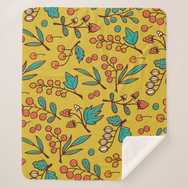 Cobertor Sherpa Berries em galhos, padrão natural sem costura. (Frente)