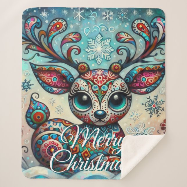 Cobertor Sherpa Big Eye Christmas Reindeer Folk Art Personalized (Frente)