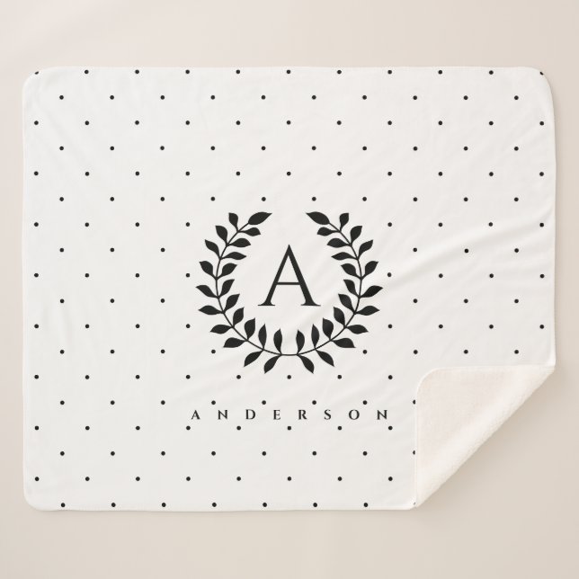 Cobertor Sherpa Black And White Laurel Monogram Polka Dot Pattern (Frente (Horizontal))