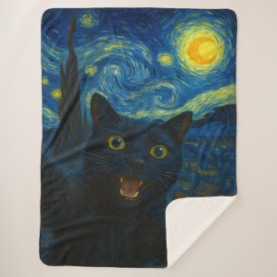 Cobertor Sherpa Black Cat Starry Night Van Gogh Cat Selfie