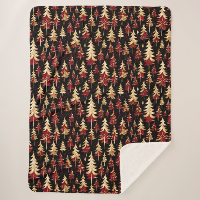 Cobertor Sherpa Black Clássico, Borgonha e Árvore de Natal Dourada (Frente)