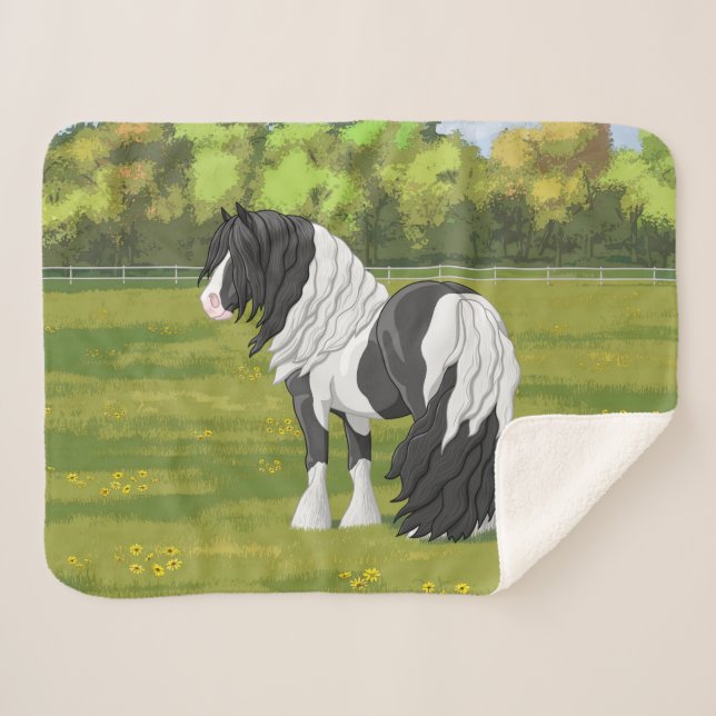 Cobertor Sherpa Black Pinto Piebald Gypsy Vanner Draft Horse Sherp (Frente (Horizontal))