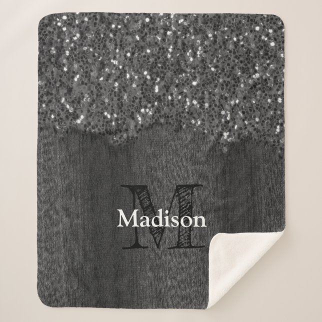 Cobertor Sherpa Black white faux sparkles rustic wood Monogram (Frente)