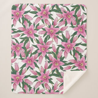 Cobertor Sherpa Blooming Lilies in Pastel Pink on White