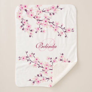 Cobertor Sherpa Blossomas de Cereja Floral Monograma Branco Rosa