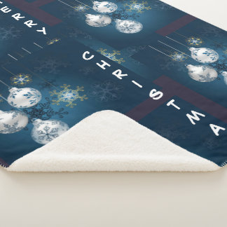 Cobertor Sherpa Blue and Silver Ornament Merry Christmas Blanket