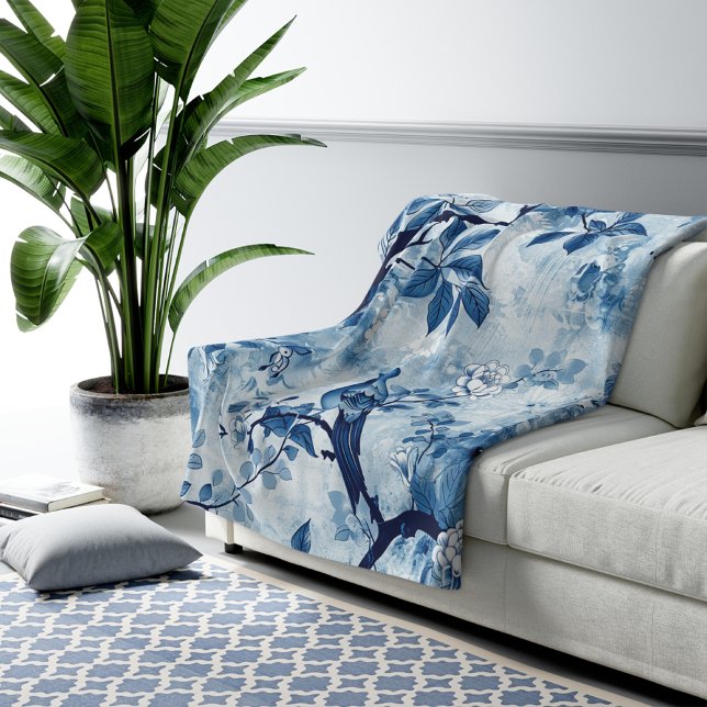 Cobertor Sherpa Blue Chinoiserie Sherpa Blanket Gift for Women (blue chinoiserie blanket, French toile blanket, Asian French toile sherpa, birthday gift for her,)