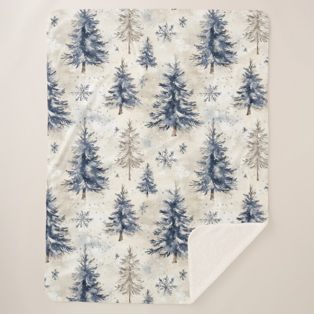 Cobertor Sherpa Blue Cream Christmas Trees Snowflakes (Frente)