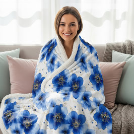 Cobertor Sherpa Blue Floral Pattern with Gold Accents