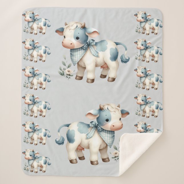 Cobertor Sherpa Blue Gingham Baby Cow Pastel Farm Aesthetic (Frente)