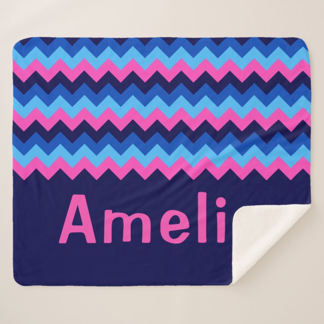 Cobertor Sherpa Blue Pink Chevron Monogram Medium Sherpa Blanket (Frente (Horizontal))