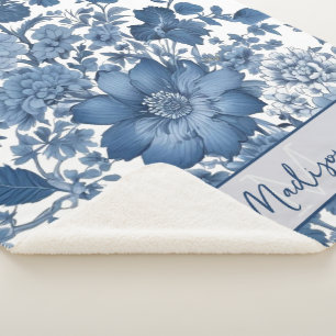 Cobertor Sherpa Blue Vintage Chinoiserie Floral Personalizado