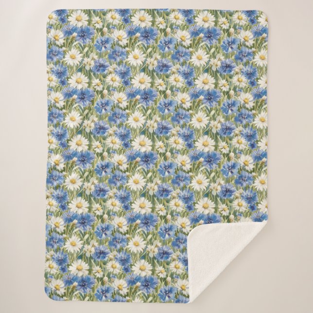 Cobertor Sherpa Blue White Daisy Flowers (Frente)
