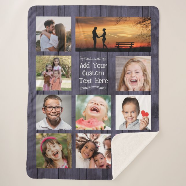 Cobertor Sherpa Blue Wood Custom Photo Collage with Text (Frente)