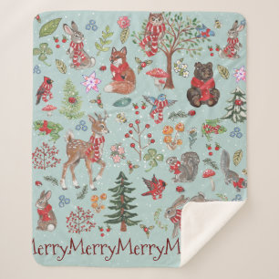 Cobertor Sherpa Blue Woodland Animal Winter Snow Christmas Child