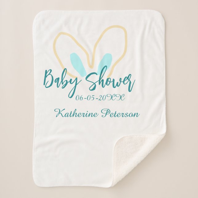 Cobertor Sherpa Blue yellow baby shower name date animal ear cute  (Frente)