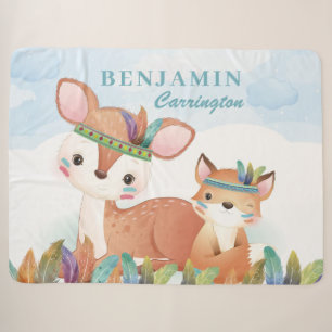 Cobertor Sherpa Boêmia Tribal Fox e Fawn com Penas + Nome