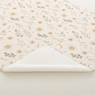 Cobertor Sherpa Boho Boêmio Floral Sóis Luas Botânico Neutro