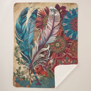 Cobertor Sherpa Boho Chic Mandala Feathers Misterioso